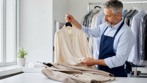 Professional dry cleaner inspecting delicate silk and wool garments