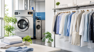 Modern eco-friendly dry-cleaning facility and fresh garments
