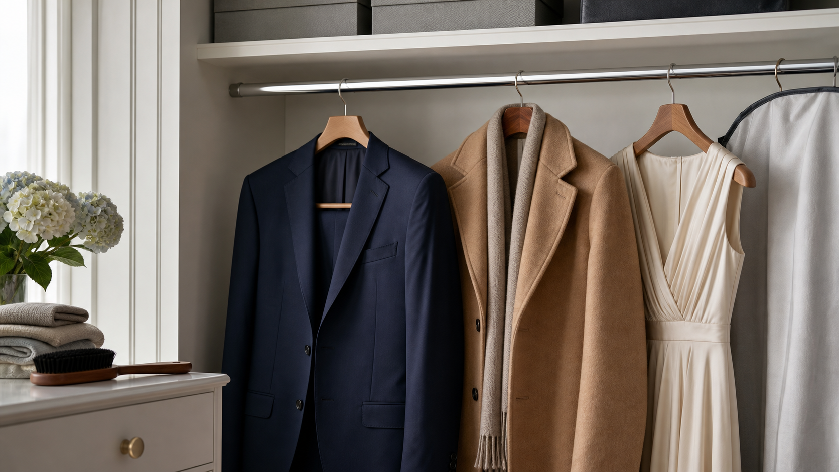 Suit, wool coat, and formal dress stored on quality hangers