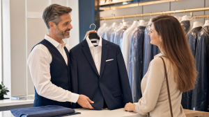 Professional cleaner presenting a freshly pressed suit to a customer