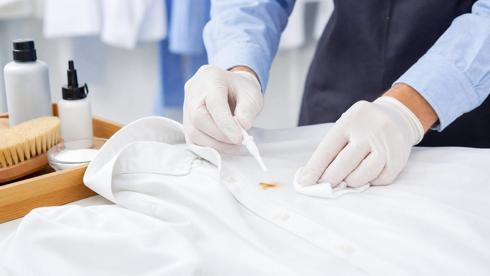 Professional stain removal treatment on a white shirt